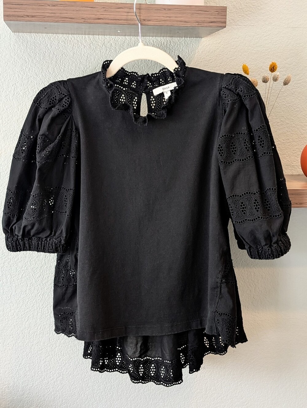 Anthropologie Othilia Black Cotton With Contrast Eyelet BK,Neck,Puff-Sleeve